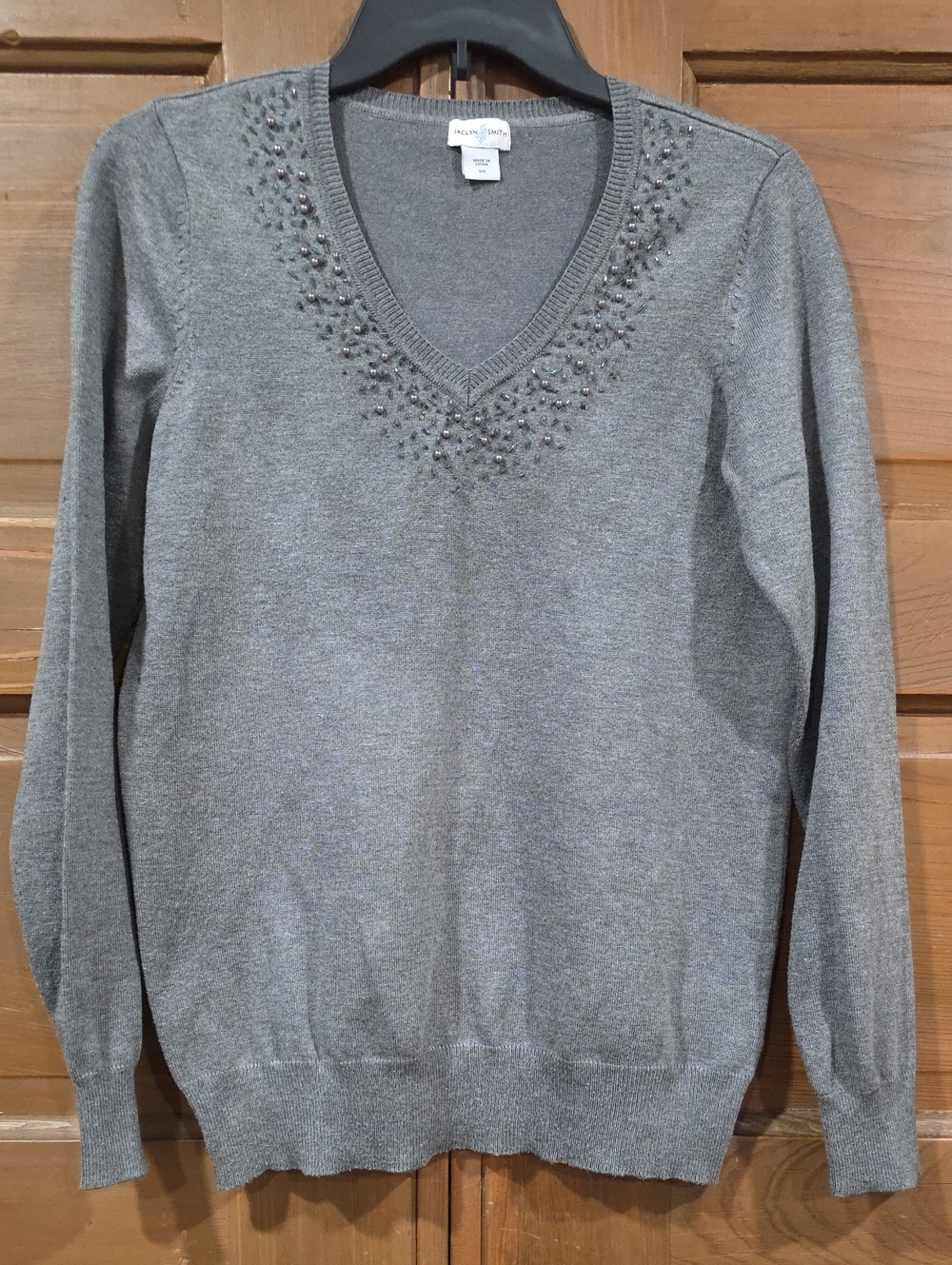 Jaclyn Smith Gray Embellished V-Neck Sweater